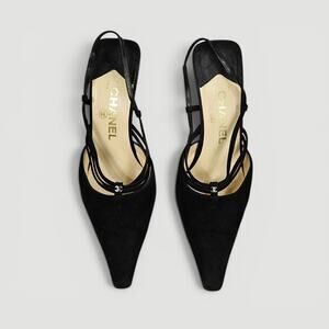 Vintage Chanel Suede Slingback Heels Black Strappy - Size 36.5